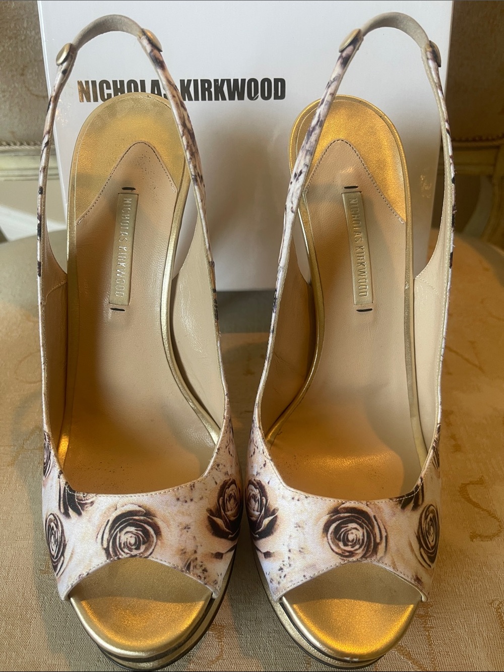 Nicholas Kirkwood Cream Satin Rose Print Slingback Peep-Toe Heels, Gold Accents